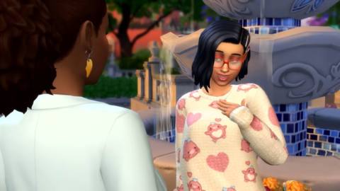 A screenshot from The Sims 4 of a woman in the park flirting with another Sim.