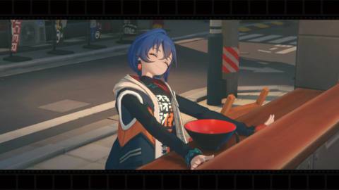 Belle, a blue haired girl, happily waits for another bowl of noodles in Zenless Zone Zero