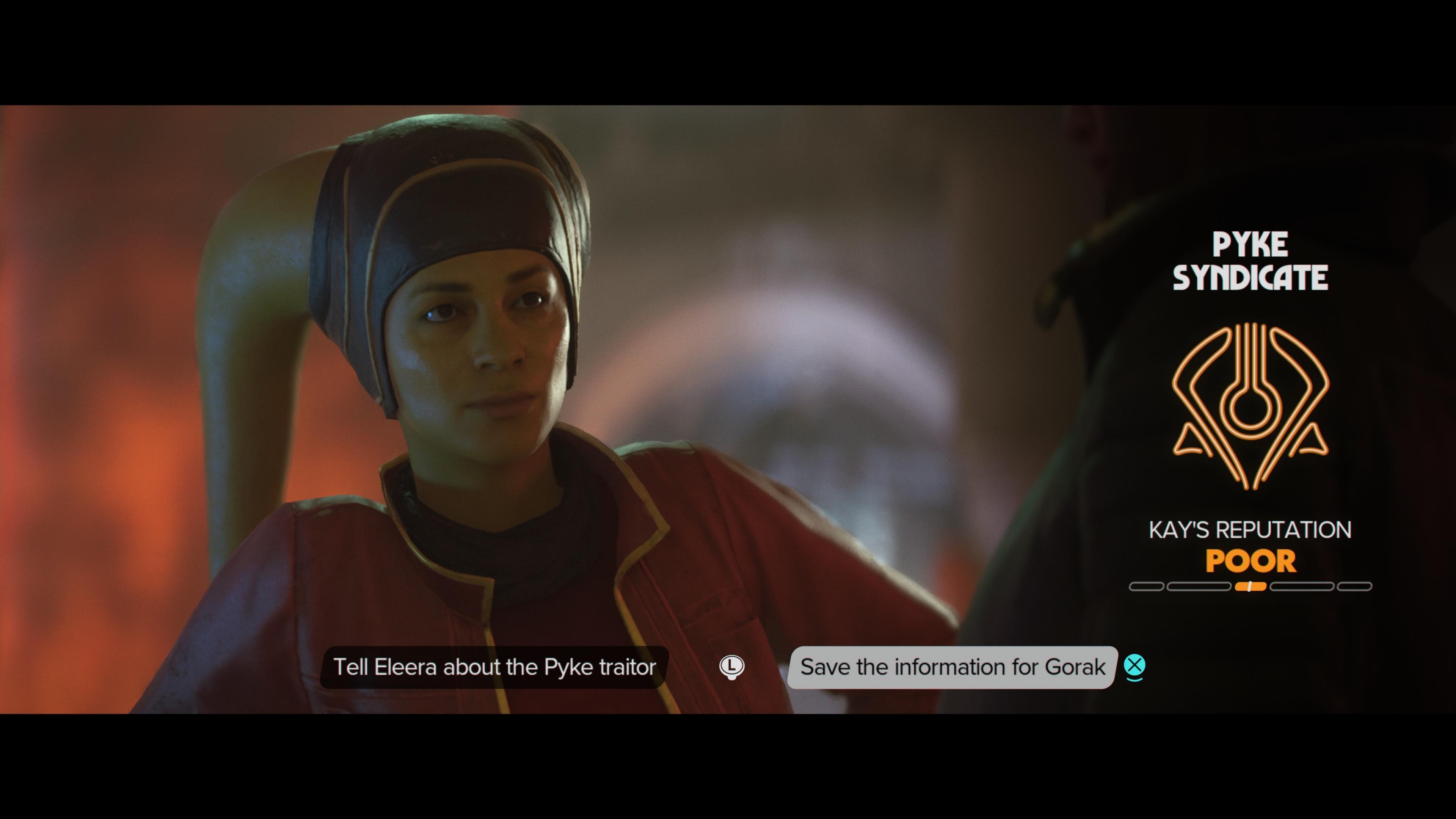 Kay Vess talks to Eleera about Pyke or Crimson Dawn in Star Wars Outlaws Kay Vess talks to Eleera about Pyke or Crimson Dawn in Star Wars Outlaws