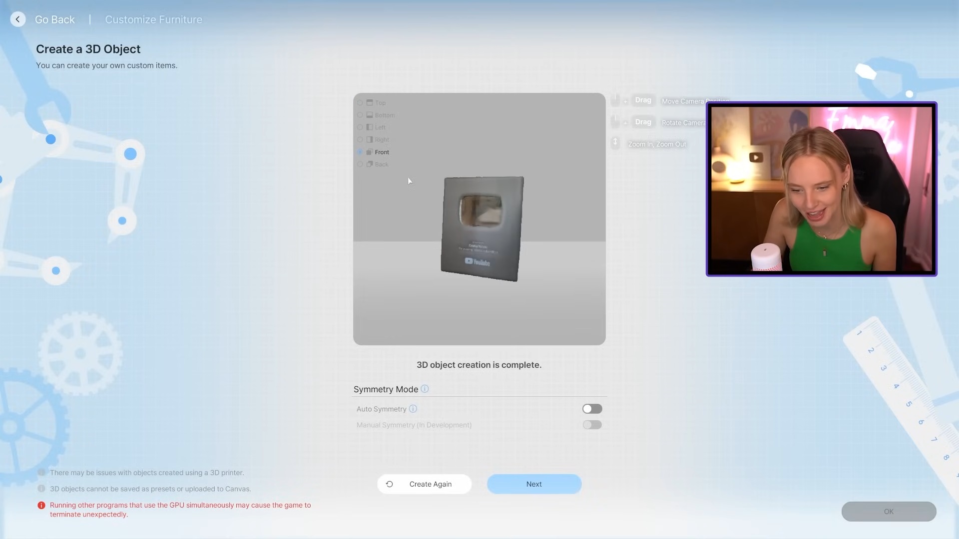 Inzoi - a 3D printer menu importing an object that looks like a YouTube plaque