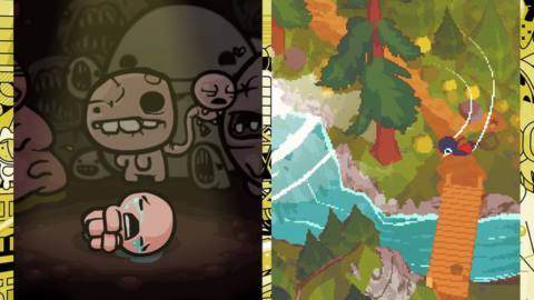 A collage shows artwork of The Binding of Isaac featuring a baby crying next to a screenshot of A Short Hike with the main character flying around trees.