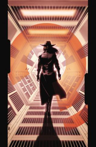 Renee Montoya/The Question walks down a futuristic hallway in her cool trenchcoat and fedora.