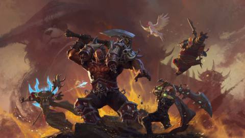 Key art for World of Warcraft: Mists of Pandaria Remix, showing Garrosh Hellscream being attacked by various heroes, with a Pandaren monk in the background