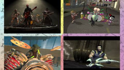 Four screenshots show scenes from MTV’s Video Mods show. One features Yoda playing the drums. Another features Wolverine playing guitar.