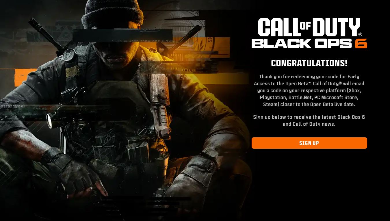 A ‘congratulations’ message for redeeming a code for the Black Ops 6 beta.