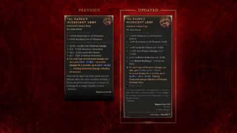 A comparison graphic of two Diablo 4 sorceress unique rings on a red background