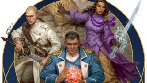 Characters from across Cosmere, including a white-jacketed man with a bald head and a sword, a woman with a glowing weapon and a purple dress, and a man in a military jacket who appears to be clutching a giant d20. 