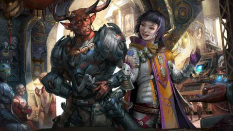 A puzzled-looking red-skinned man with antlers, heavy armor, and a large sword speaks to a smiling, purple-haired human woman in a tabard and light armor in a promotional image from Paizo’s Starfinder game