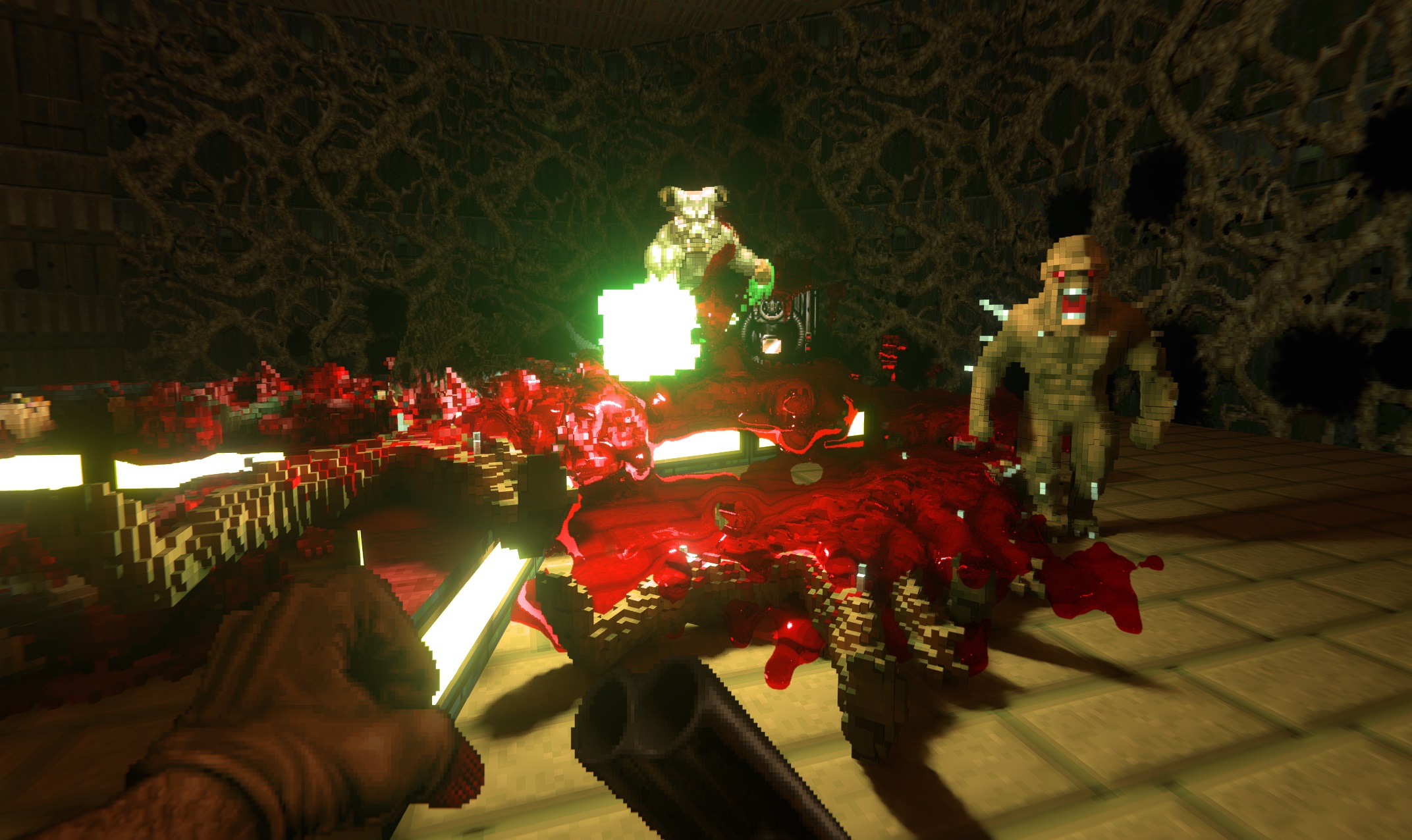 Doom 2 with ray tracing enabled showing Imps attacking the player with fireballs.