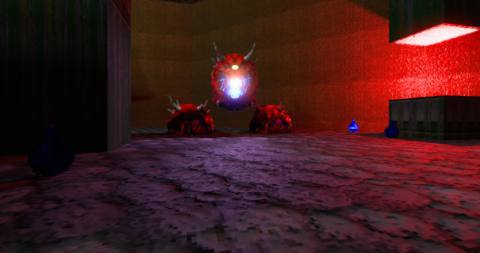 Doom 2: Ray Traced image showing cacodemon about to fire a ball of lightning at the gamer