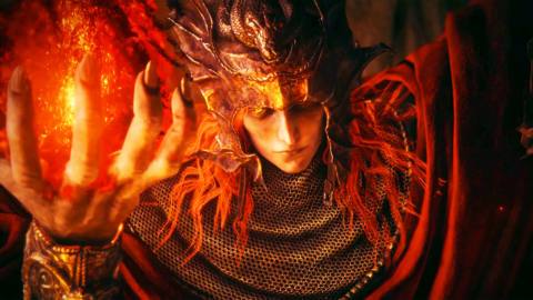 Elden Ring Shadow of the Erdtree trailer screencap of a red haired character holding fire in their hand