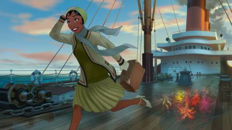 Concept art of Tiana wearing a green 1920s travel outfit as she boards a steam ship