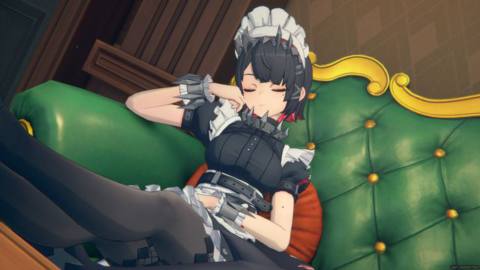 Shark maid girl Ellen Joe naps on a luxurious sofa in Zenless Zone Zero