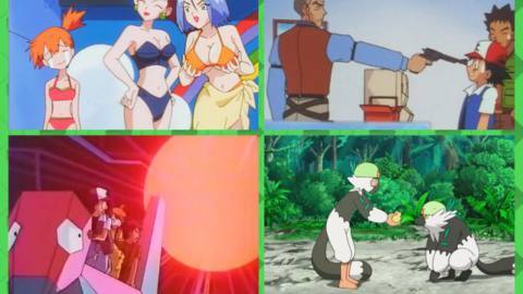 A two by two header image featuring screenshots of several Pokémon episodes that have been banned throughout the history of the anime series.