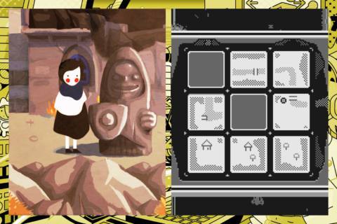 A collage shows a screenshot of a girl in Paper Trail next to a screenshot of a block puzzle in Slider.