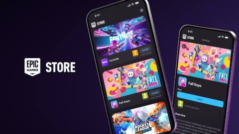 Artwork of the mobile Epic Games Store showing install prompts for games Fortnite, Fall Guys, and Rocket League Sideswipe 