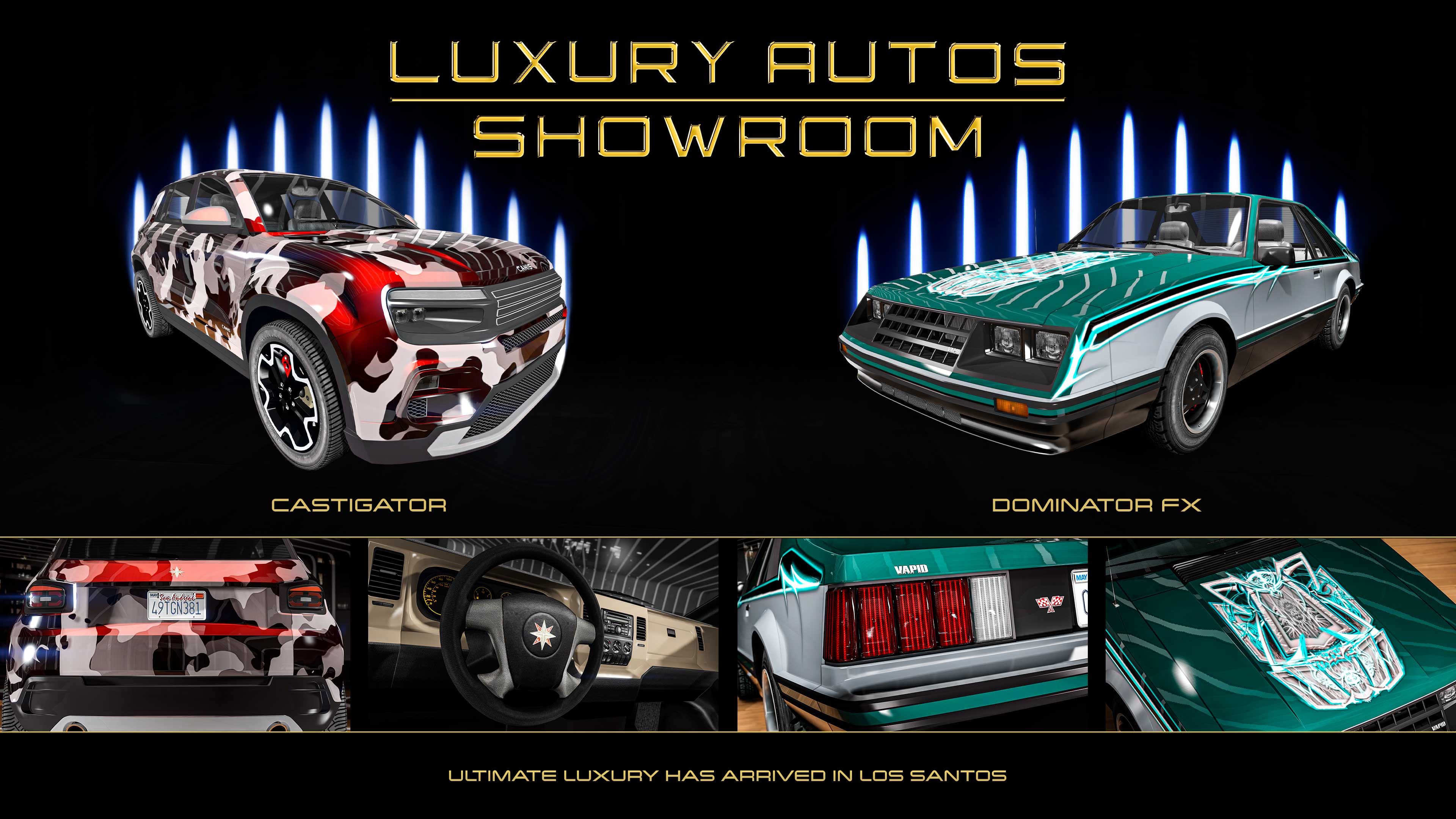 GTA Online promo art for vehicles for sale at Luxury Autos Showroom this week