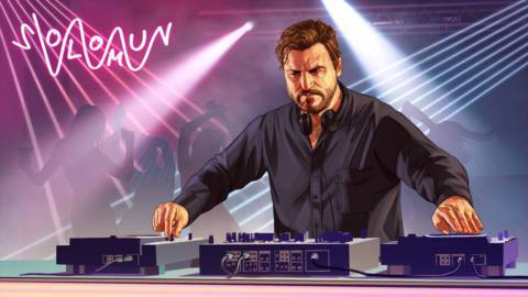 Official artwork from Grand Theft Auto 5 shows a character turning nobs at a DJ booth