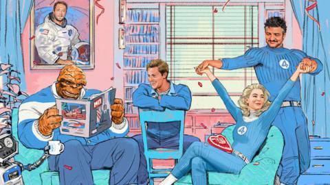 A promotional image for Marvel’s casting announcement of The Fantastic Four, featuring drawings of the cast as the Thing, the Human Torch, the Invisible Woman, and Mister Fantastic.