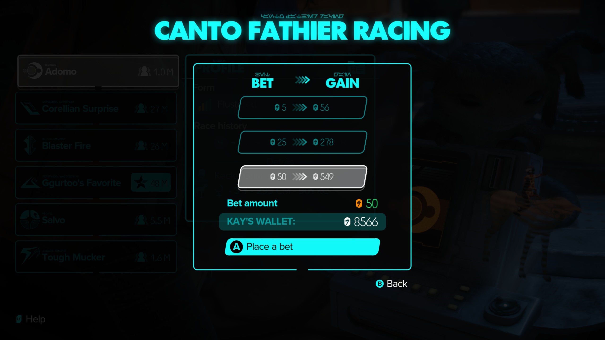 Star Wars Outlaws Fathier racing bet amount