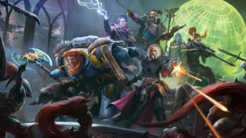 A band of companions fight off enemies with melee and ranged weapons in Warhammer 40K: Rogue Trader