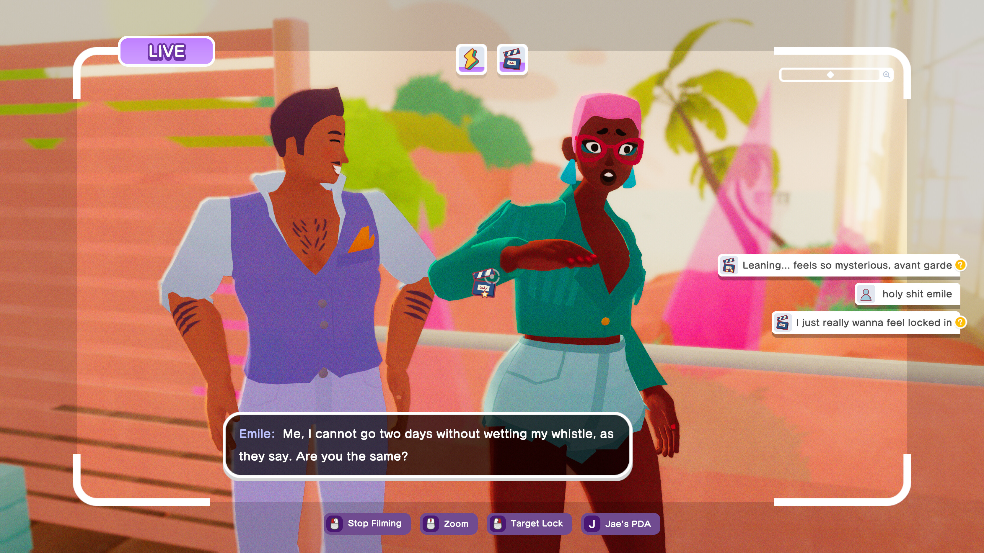 Two characters, one man with a purple open shirt and a woman with pink hair and red glasses, are being filmed in a screenshot for The Crush House.