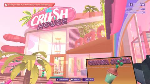 Screenshot from The Crush House, showing the titular house — a Barbie pink Malibu mansion with palm trees and a big pink slide.