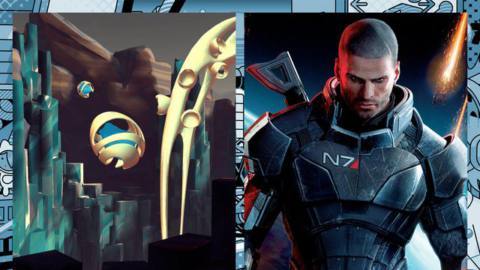 A shot of a futuristic cityscape from So Let Us Melt on the left and a shot of Shepard from Mass Effect 3 on the right.