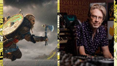 A collage shows artwork of a character from Assassin’s Creed Valhalla running while holding an axe next to a photo of Jesper Kyd sitting in a music studio.