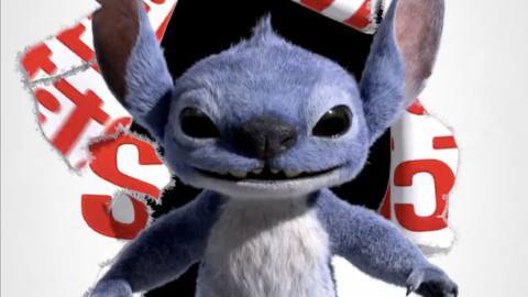 A realistic looking stitch jumps through a logo for Lilo &amp; Stitch remake