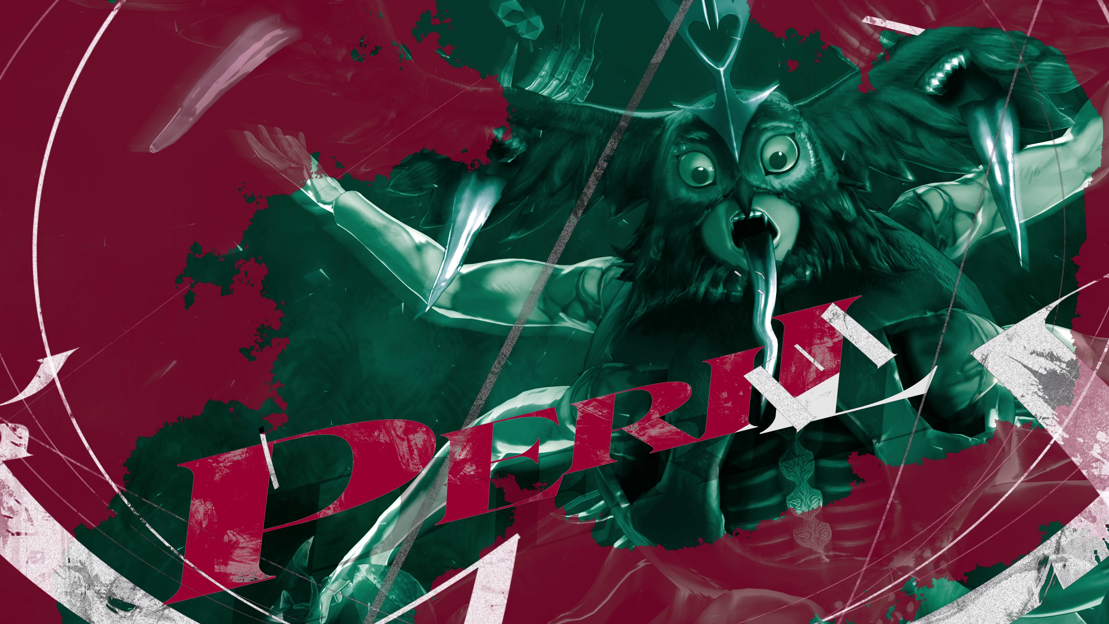 A stylized, green-and-red image of an enemy that looks like a huge humanoid bat with its tongue out. The word “peril” is splashed across the screen.