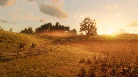 A vista in Red Dead Redemption 2 with the sun setting