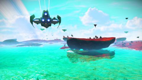 A space ship flies over a world with sparkling cyan waters, a bright blue sky, and land with red grasses and floating platforms.