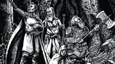 A party of adventurers, rendered in black-and-white in the style of a medieval wood carving block print.