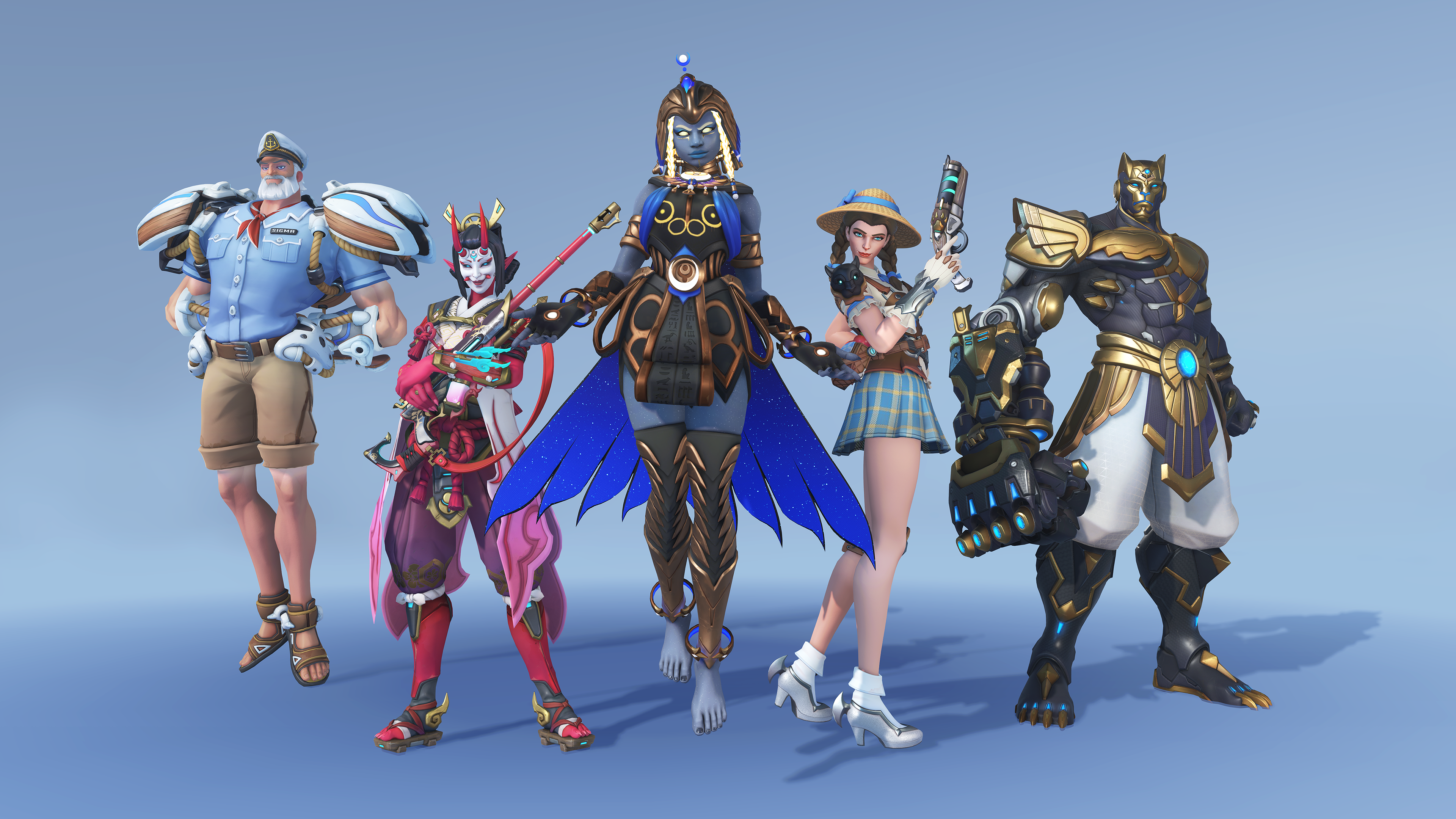 Overwatch screenshot of heroes with season 12 skins on a bright background