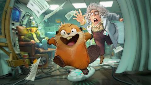 An old lady chases in a beaver in concept art for Pixar’s Hoppers