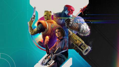 Three characters from Concord — green alien humanoid Lennox, human Haymar, and blue and magenta brute Star Child — pose with weapons on a stylized retro-futuristic background