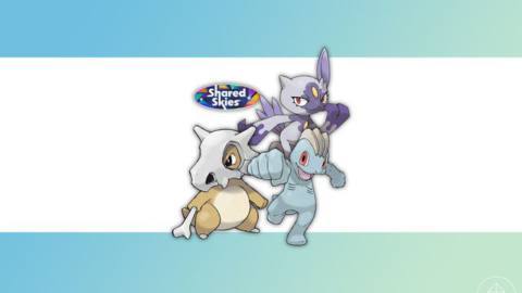 Cubone, Machop, Hisuian Sneasel, and the “Shared Skies” Pokémon Go season logo on a gradient background