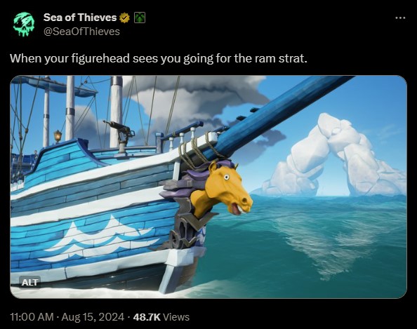 The awful carousel horse photoshopped onto a ship figurehead in Sea of Thieves.