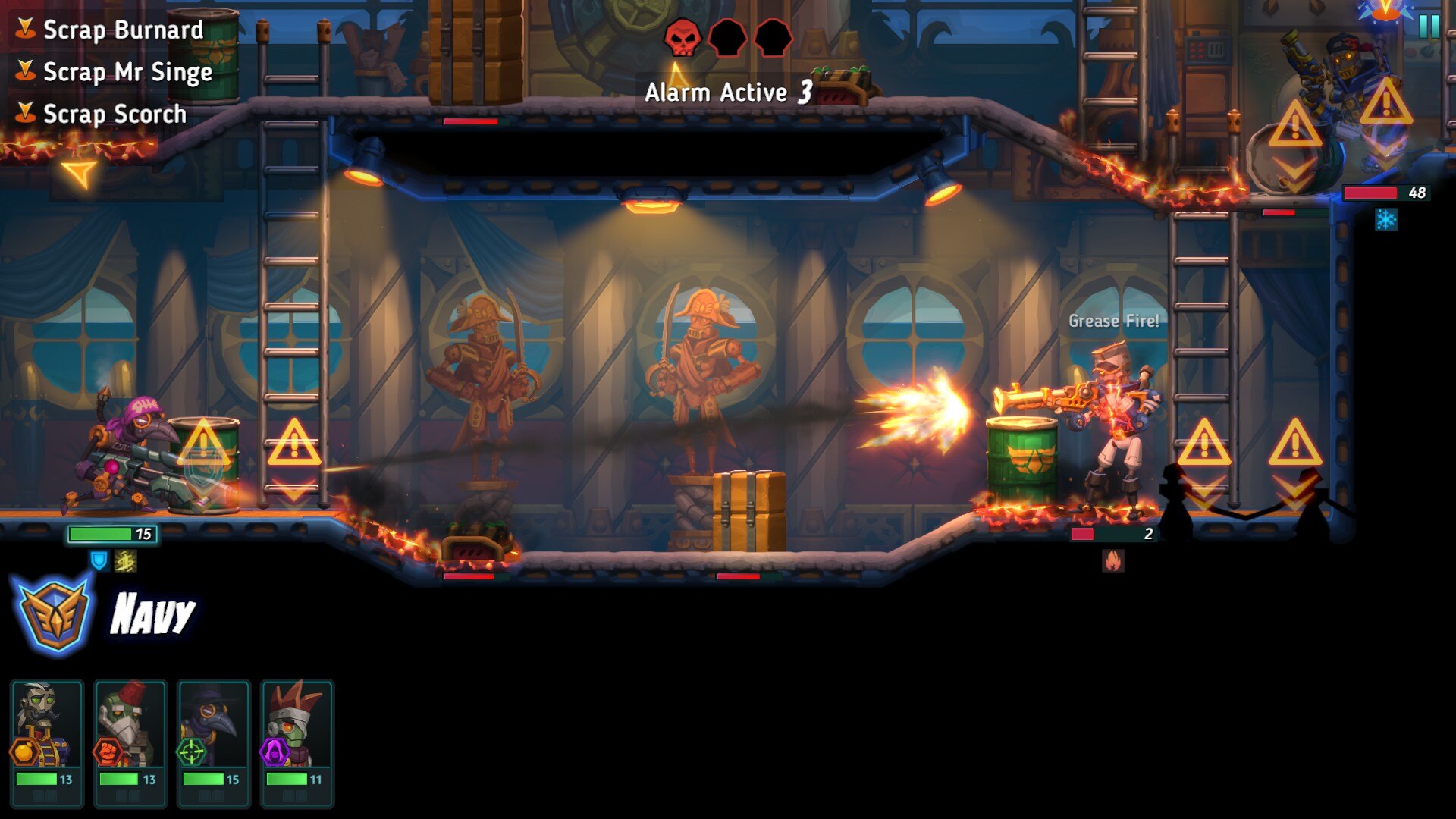 A Dieselbot firing at a member of the crew in SteamWorld Heist 2.