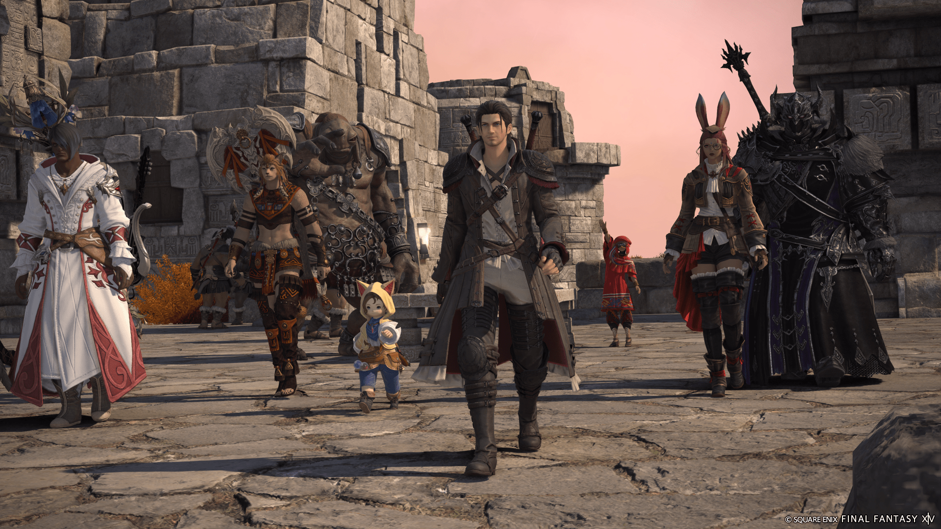 A crowd of characters of various races in splendid outfits walk through a medieval setting in Final Fantasy 14: Dawntrail