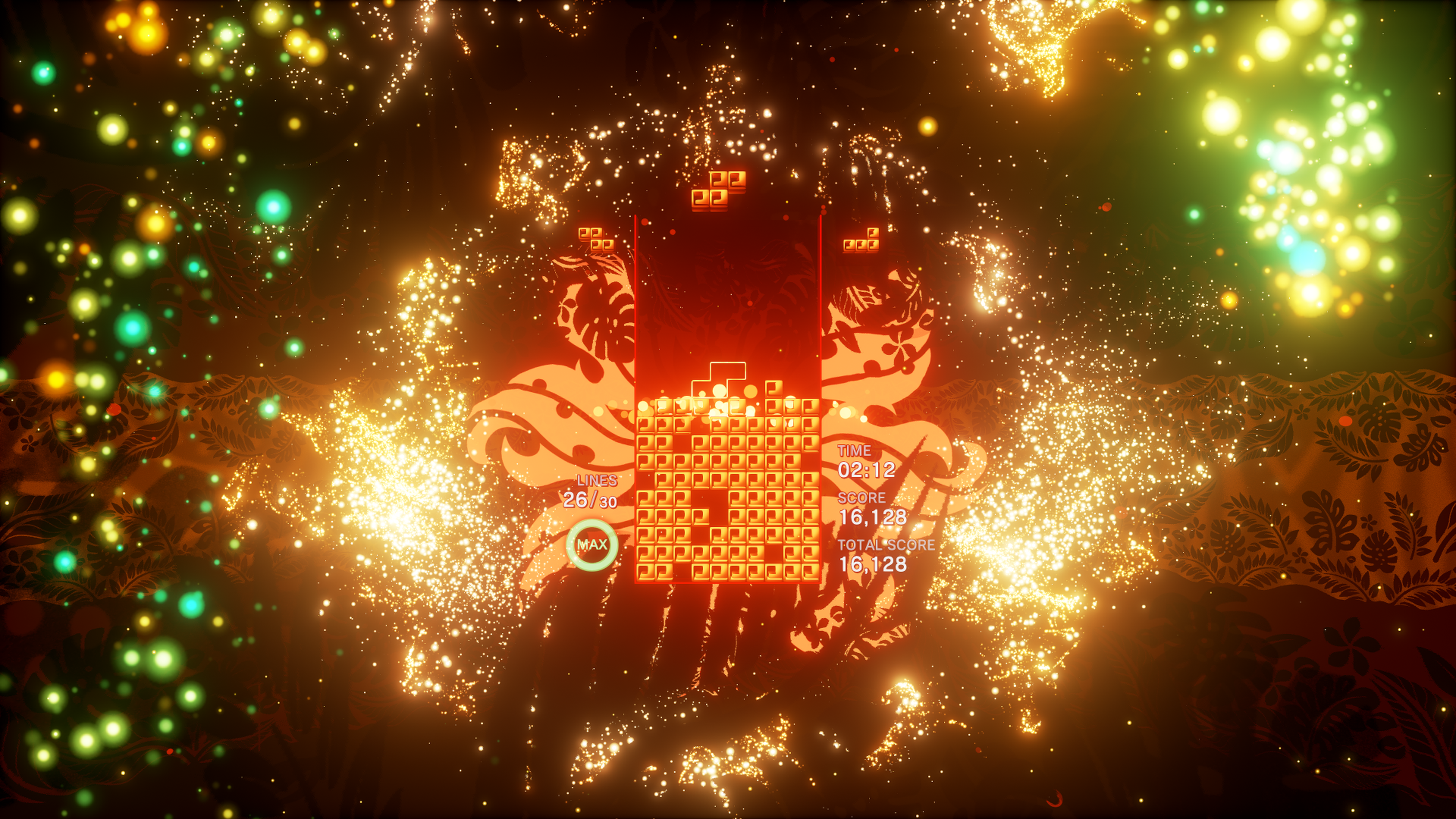 Tetris Effect gameplay, with sparkling effects surrounding an amber glowing playfield