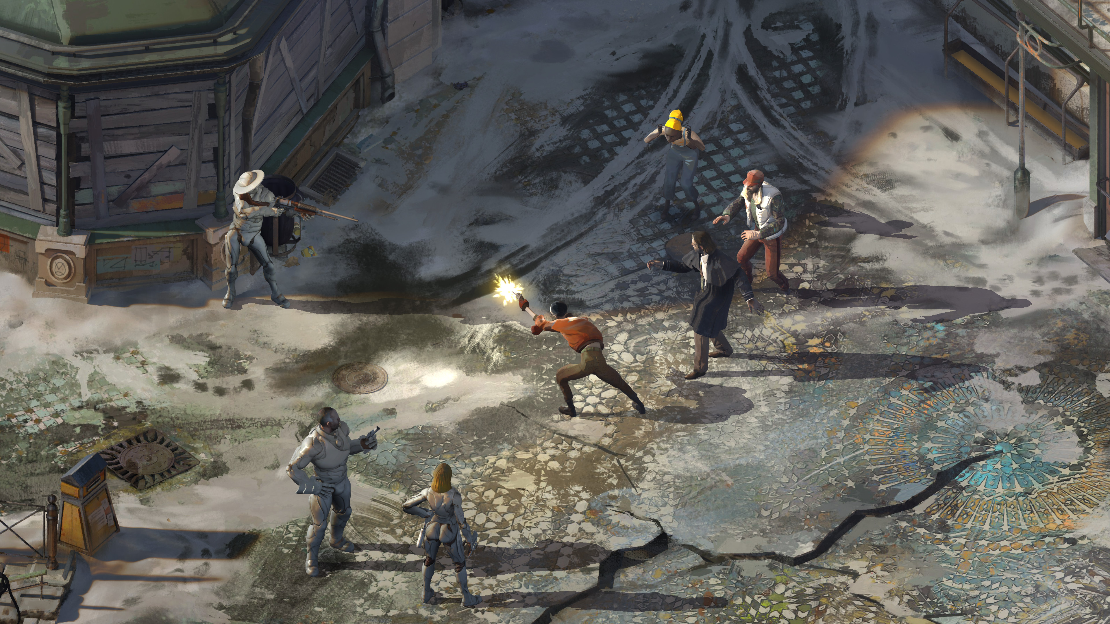 A screenshot shows a shootout in the street in Disco Elysium