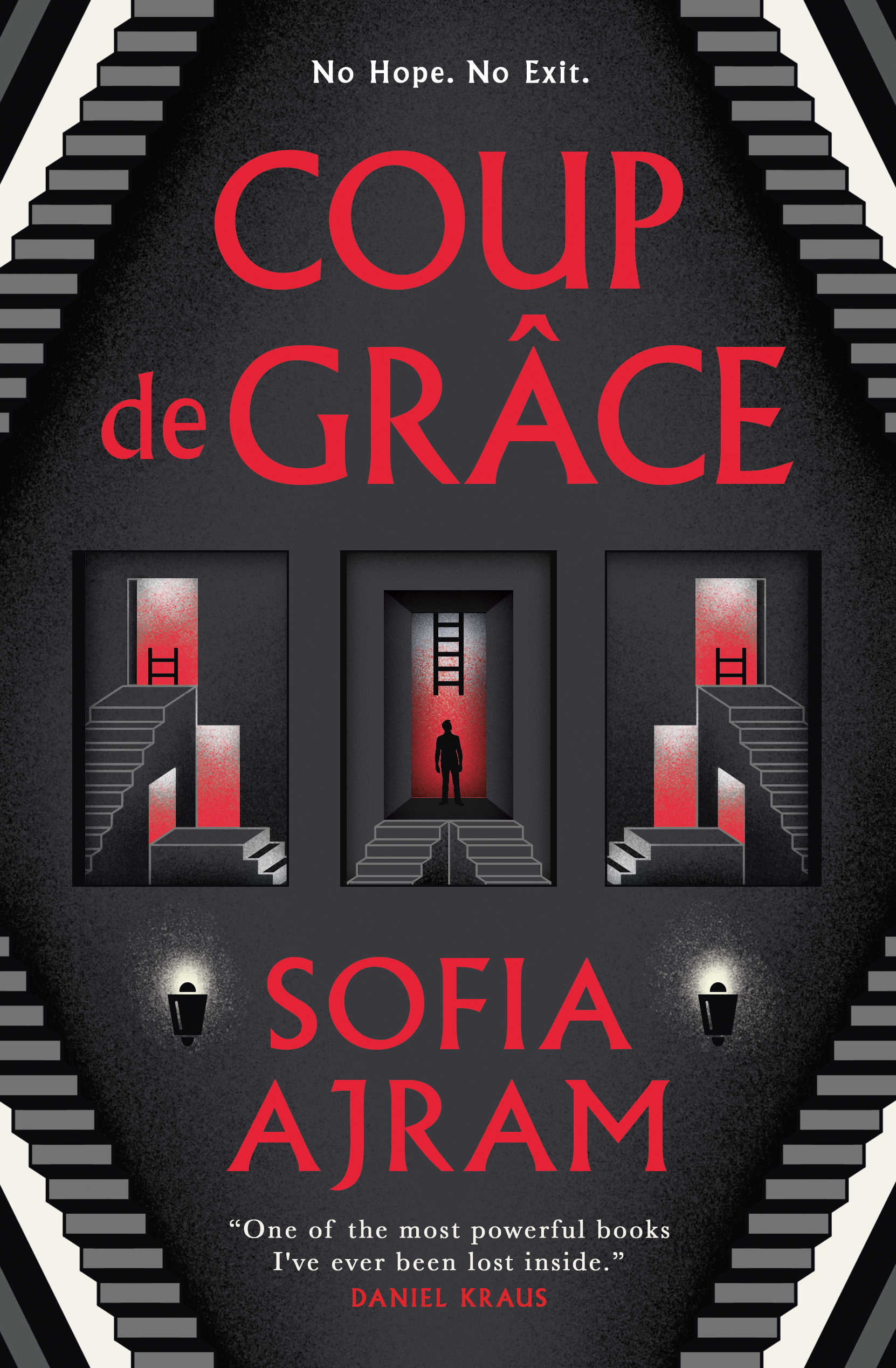 The cover of the book Coup de Grace, which shows a series of stairs and ladders with a man in the center of the image