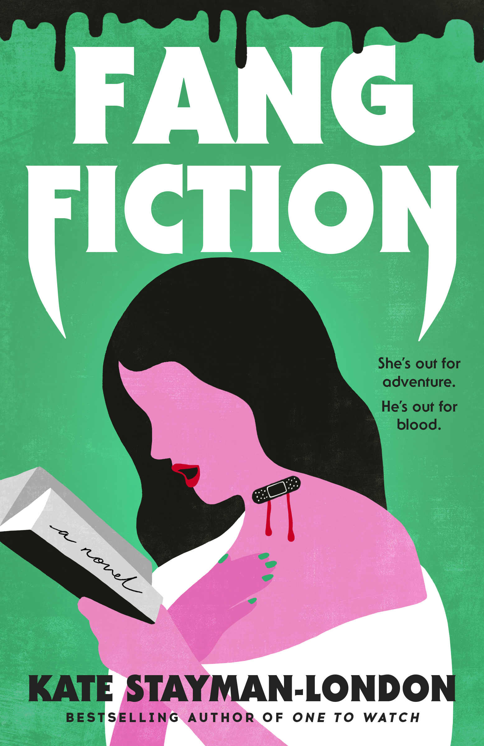 The cover of the book Fang Fiction, which features a woman with fangs reading a book