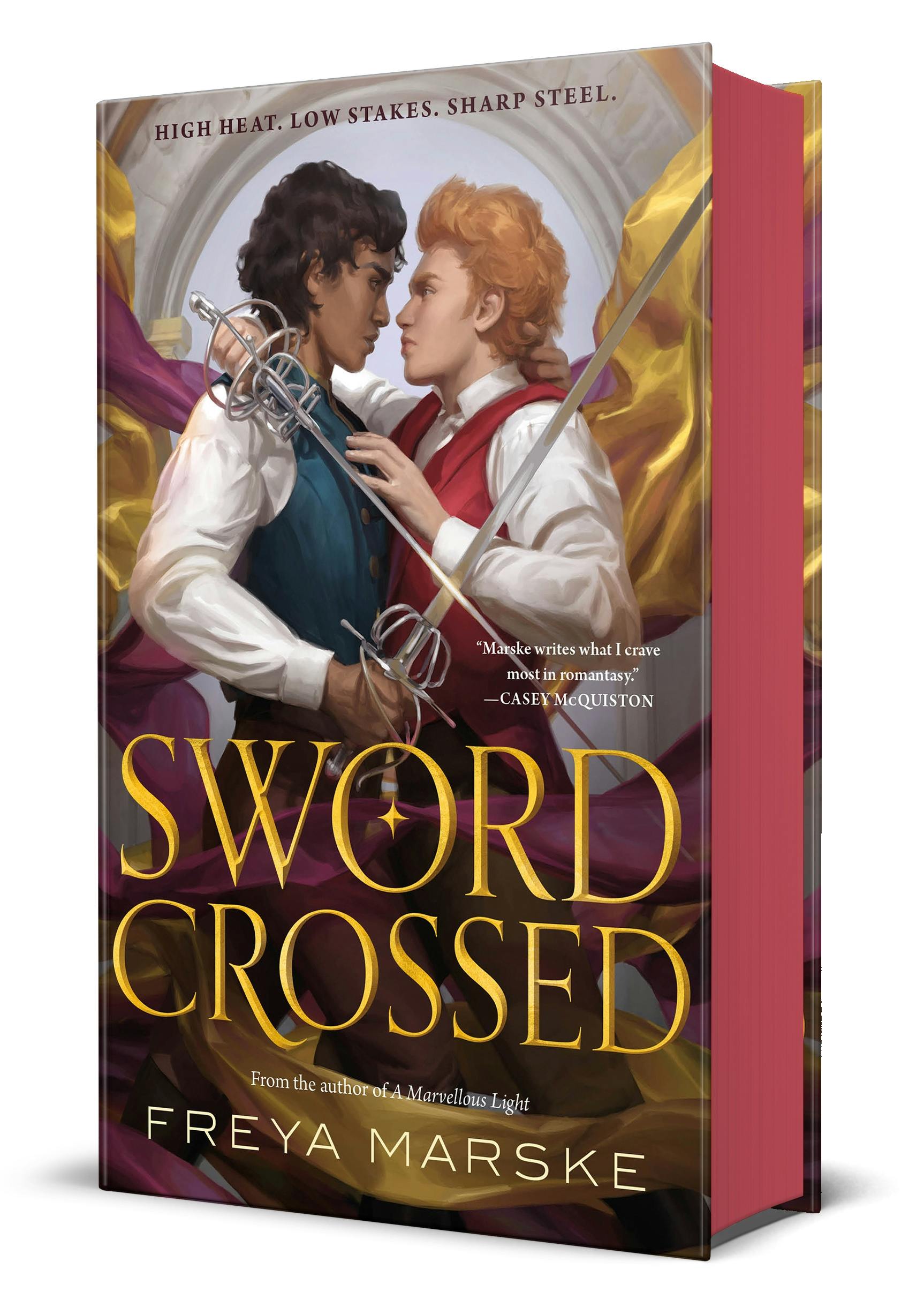 The cover of the book Swordcrossed, which features two men holding swords and embracing 