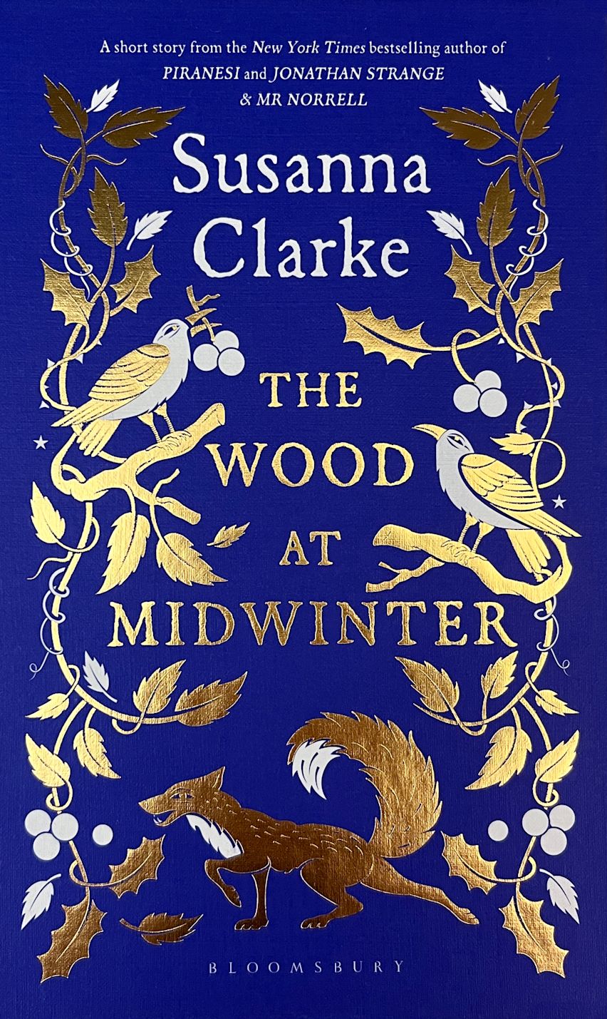 The cover of the book The Woods at Midwinter, which features a gilded branch with a bird on it 