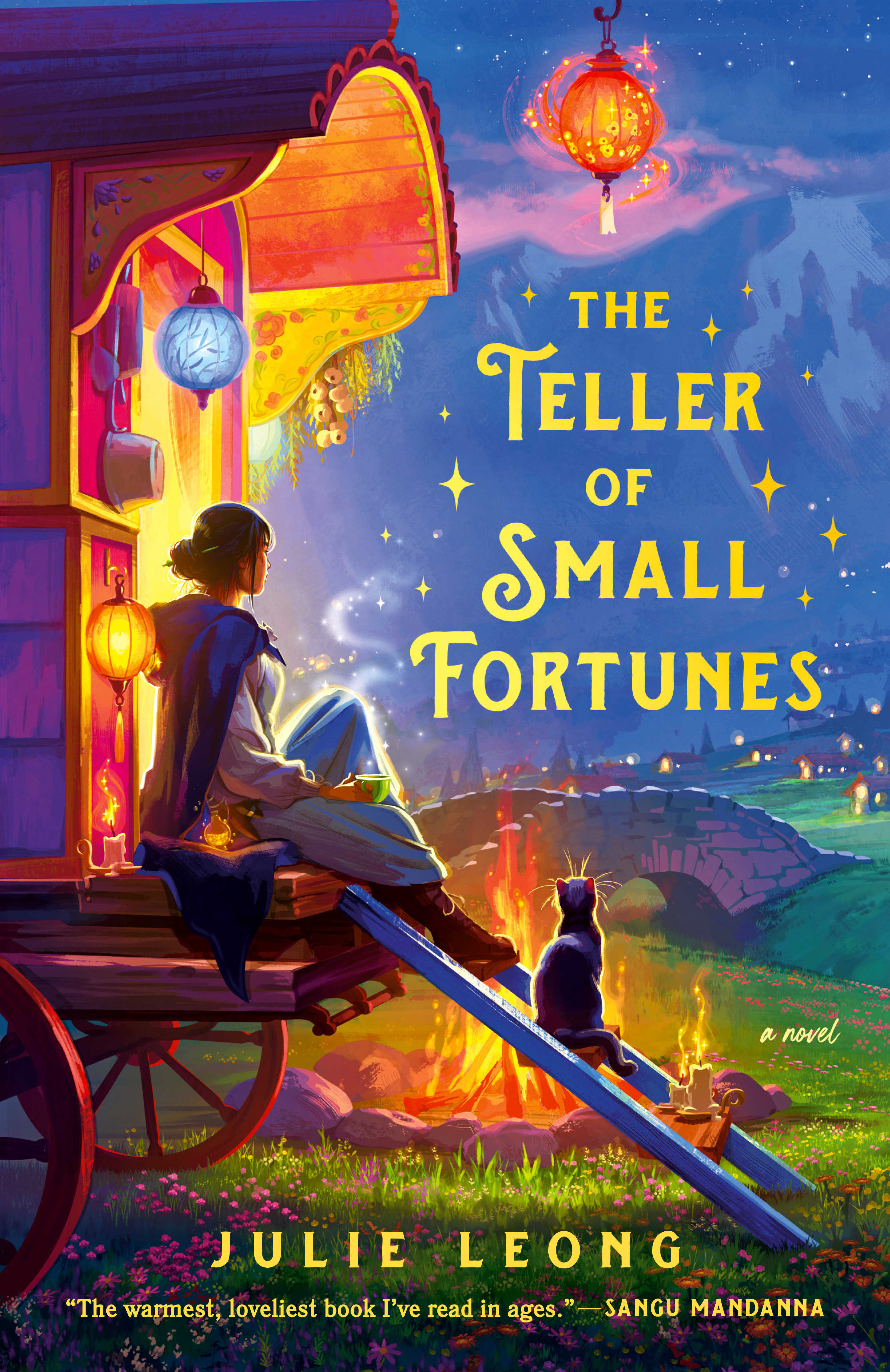 The cover of the book The Teller of Small Fortunes, which features a person sitting on a wagon looking at a town in the dusk while a cat sits beside her