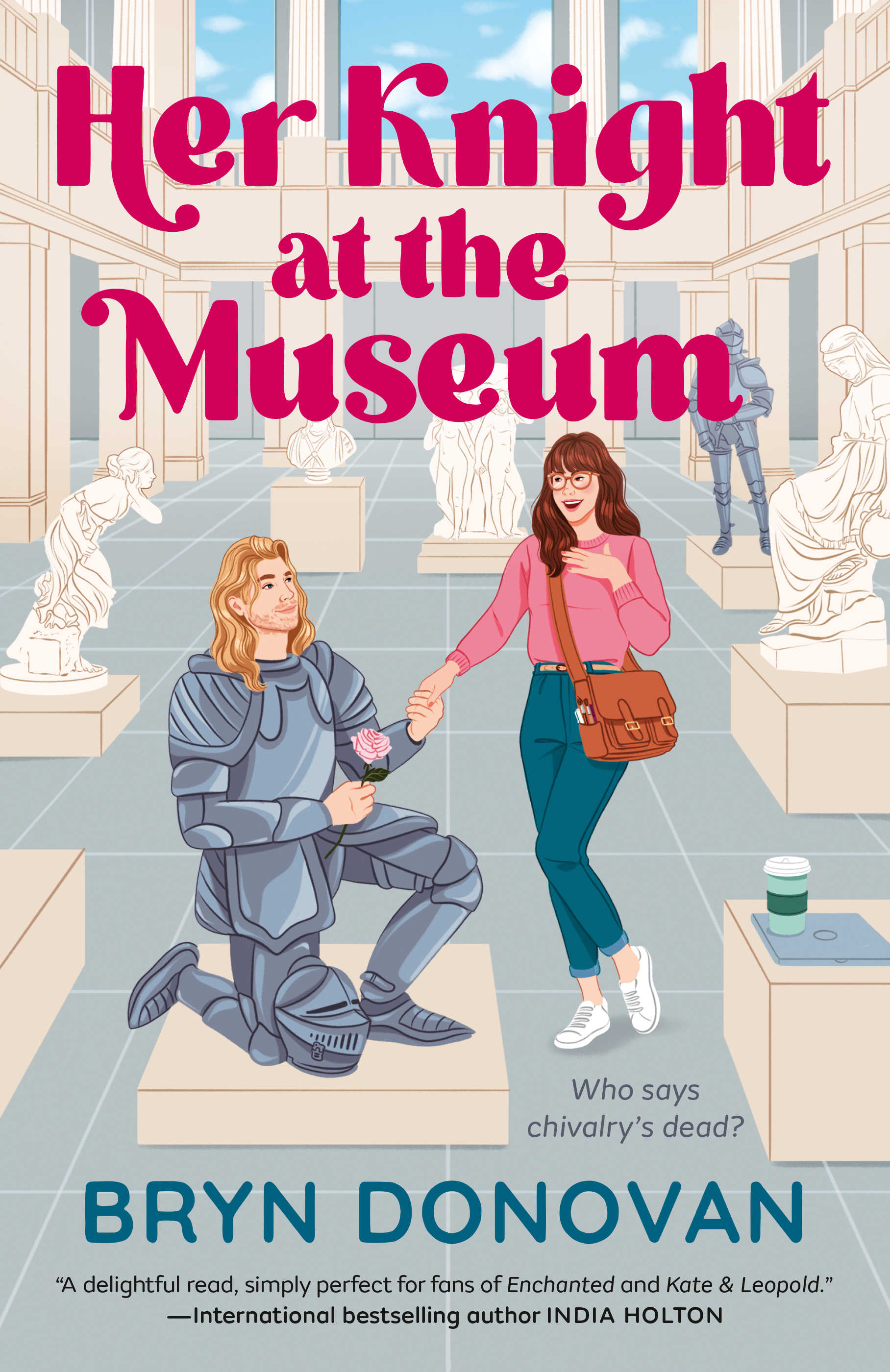 The cover for the book Her Knight at the Museum which features a woman standing in a museum while a man in armor kneels in front of her