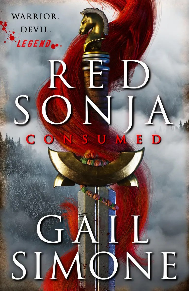 The cover of the book Red Sonja: Consumed, which features the hilt of a sword with a red pony tail of hair wrapping around it 